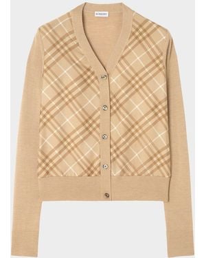Burberry Check Silk Paneled Crewneck Cardigan - Natural