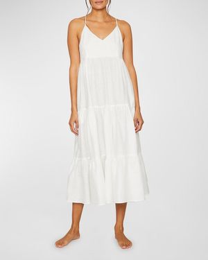 Pour Les Femmes Claudia Sleeveless Tiered Linen Midi Dress - White