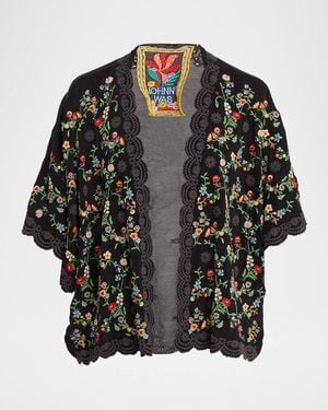 Johnny Was Roseum Floral-Embroidered Short Kimono - Black