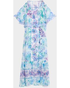 Johnny Was Annamarie Floral-Print Silk Chiffon Maxi Dress - Blue