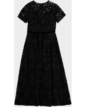 Shoshanna Farah Puff-Sleeve Velvet Lace Midi Dress - Black