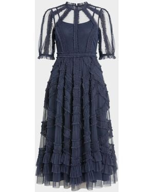 Mac Duggal Petite Ruffle Tiered A-Line Midi Dress - Blue