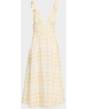 Rosie Assoulin Bow Shoulder Gingham Linen Midi Dress - Natural