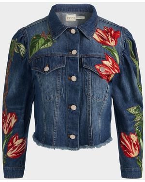 Alice + Olivia Elijah Floral Embroidered Denim Jacket - Blue