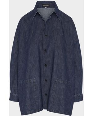 Eskandar Denim Wide A-Line Shirt Jacket With Collar (Long Length) - Blue