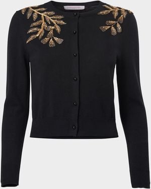 Carolina Herrera Leaf-Embroidered Silk Cotton Cardigan - Black