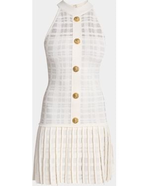 Balmain Button-Front Tartan Knit Pleated Mini Halter Dress - Natural