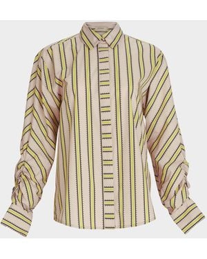 Silvia Tcherassi Caritina Striped Ruched-Sleeve Button-Down Blouse - White