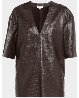 Michael Kors Crocco Leather V-Neck Top - Brown