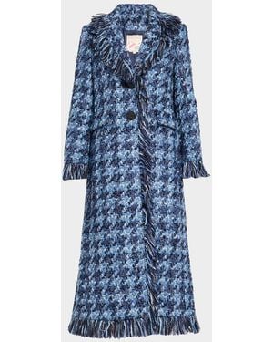 Maison Common Houndstooth Tweed Fringed Single-Breasted Coat - Blue