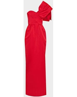 Atelier Prabal Gurung One-Shoulder Bow Satin Column Gown - Red