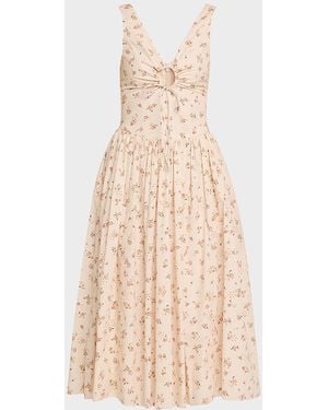 Markarian Penelope Sleeveless Floral Cotton Keyhole Midi Dress - Natural