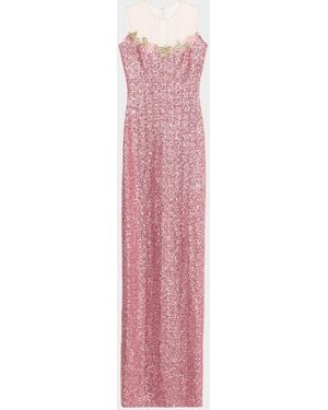 Naeem Khan Illusion Yoke Sequined Floral Applique Sleeveless Gown - Pink