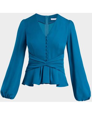 Santorelli Cinched-Waist Silk Georgette Blouse - Blue
