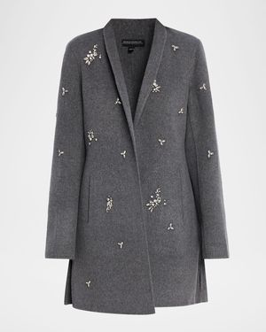Neiman Marcus Double-Faced Cashmere Embellished Coat - Gray