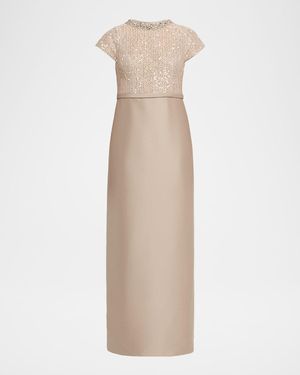 Sachin & Babi Isla Sequin Tweed & Mikado Column Gown - Natural