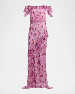 Saloni Nina Leopard Ruffled Chiffon Dress - Pink