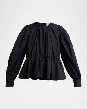 Ganni Compact Poplin Gathered Peplum Blouse - Black