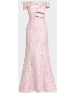 sachin and babi light blue dress Rickie Freeman for Teri Jon Off-Shoulder Metallic Jacquard Column Gown