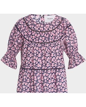 Merlette Sol Ruched Floral-Print Cotton Blouse - Purple