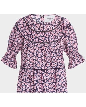 Merlette Sol Ruched Floral-Print Cotton Blouse - Purple