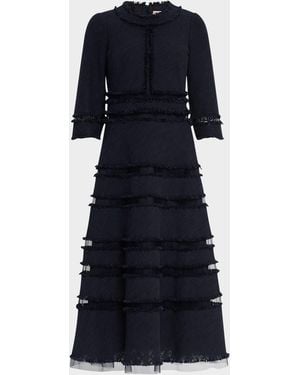 Maison Common 3/4-Sleeve Fringed Tulle-Inset Midi Dress - Blue
