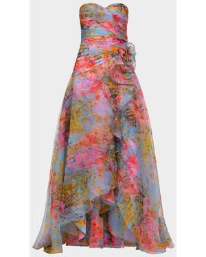 THEIA Eloise Strapless Floral-Print Organza Gown - White