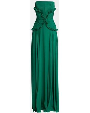 Elie Saab Strapless Ruffle Silk Gown - Green