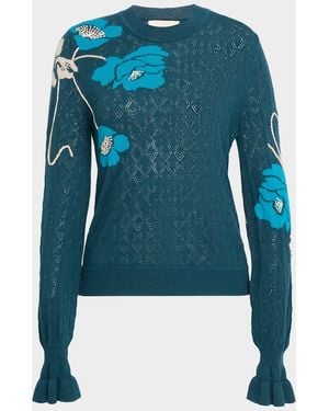 Figue Patricia Ruffle-Cuff Pointelle Knit Sweater - Blue