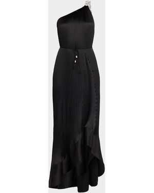 MILLY Mariah One-Shoulder Pleated Satin Maxi Dress - Black