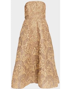 MILLY Petunia Strapless Embroidered Metallic Midi Dress - Natural