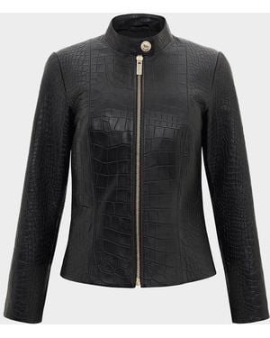 Gorski Select Leather Croc-Embossed Zip Jacket - Black