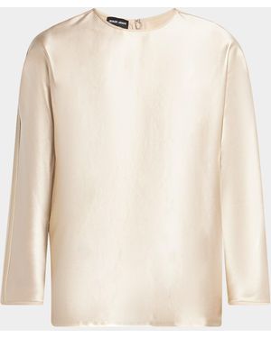 Giorgio Armani Tonal Piping Long-Sleeve Silk Blouse - Natural