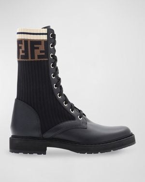 Fendi Rockoko Leather & Knit Combat Boots - Black