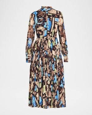Jason Wu Tie-Neck Pleated Chiffon Long-Sleeve Midi Dress - Blue