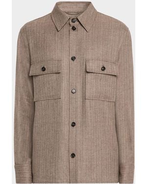 Loro Piana Jim Wool And Linen Herringbone Overshirt - Brown
