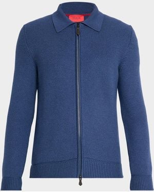 Isaia Wool-Blend Knit Full-Zip Sweater - Blue