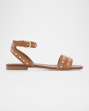 Stuart Weitzman Perry Embellished Mixed Leather Flat Sandals - Metallic
