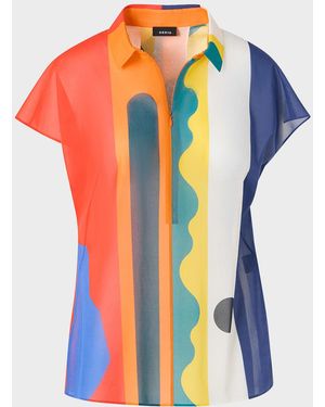 Akris Abstract-Print Cap-Sleeve Zipper Shirt - Blue