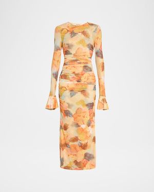 Cinq À Sept Neriah Watercolor Floral Mesh Maxi Dress - Metallic