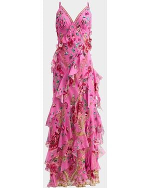 CAMILLA Maradora Flora Print Silk Ruffle Slip Dress - Pink