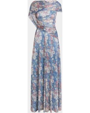 Talbot Runhof Metallic Floral Voile Draped Cap-Sleeve Evening Gown - Blue