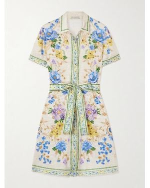 Mary Katrantzou Chima Belted Floral-Print Twill Mini Shirt Dress - Blue