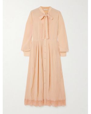 Ulla Johnson Aviana Pussy-Bow Lace-Trimmed Pleated Silk Crepe De Chine Dress - Natural