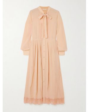 Ulla Johnson Aviana Pussy-Bow Lace-Trimmed Pleated Silk Crepe De Chine Dress - Natural