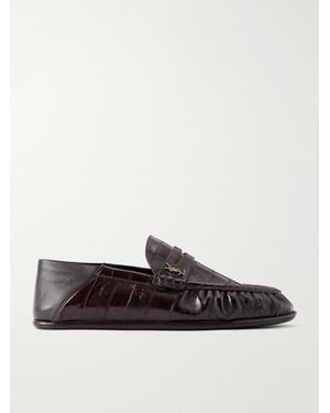 Saint Laurent Le Loafers Cassandra-Embellished Collapsible-Heel Leather-Trimmed Eel Loafers - Brown