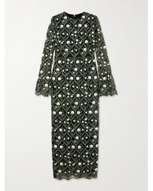 Agua Bendita Net Sustain Ellisella Perla Embroidered Tulle Maxi Dress - Green