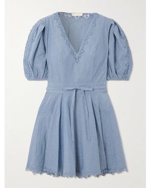 Ulla Johnson Camilla Belted Embroidered Tulle-Trimmed Cotton-Chambray Mini Dress - Blue