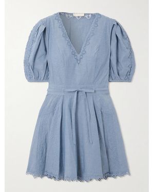 Ulla Johnson Camilla Minikleid Aus Baumwoll-Chambray Mit Bestickten Tüllbesätzen Und Bindegürtel - Blau