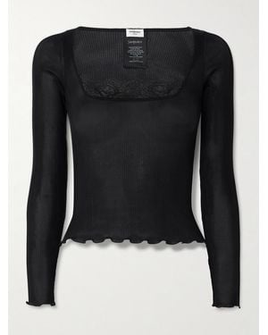 Saint Laurent Lace-Trimmed Ribbed Silk Top - Black